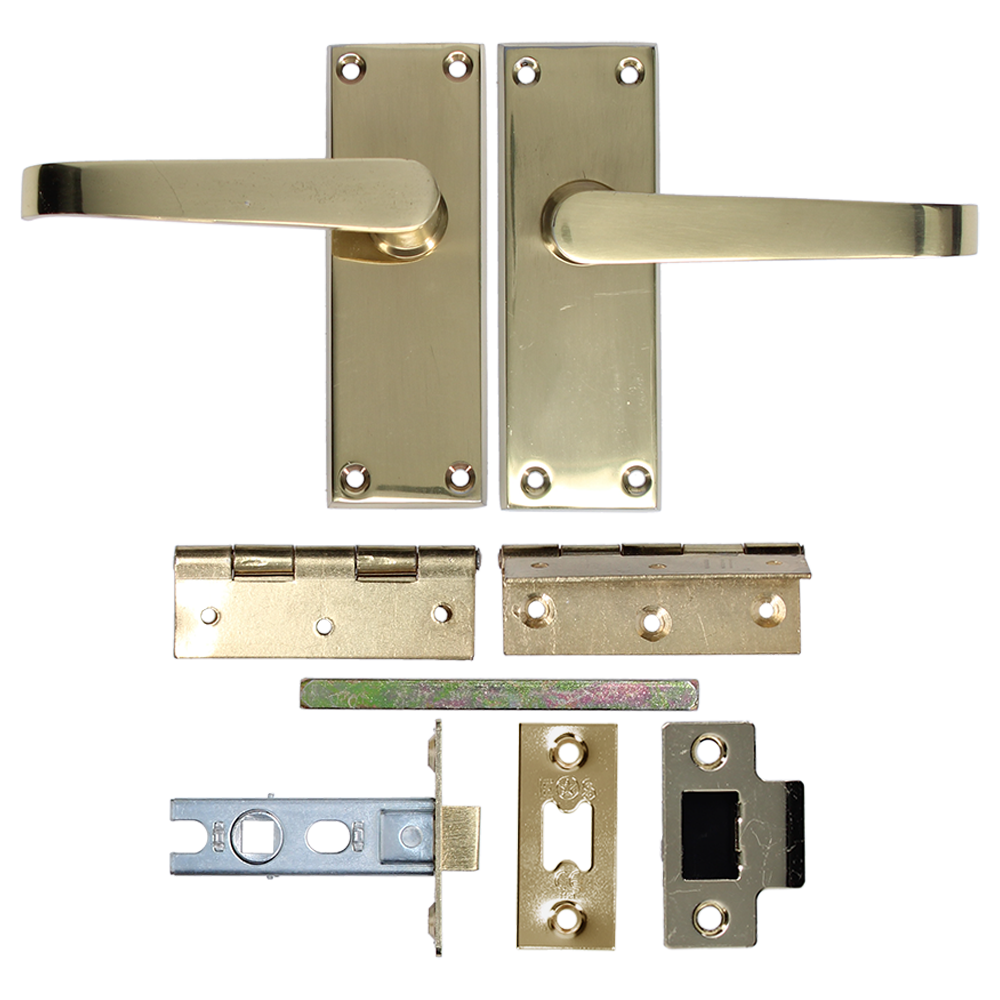 ASEC Victorian Handle Latch Pack Plated Straight Lever With Latch & Hinges Plated - Polished Brass