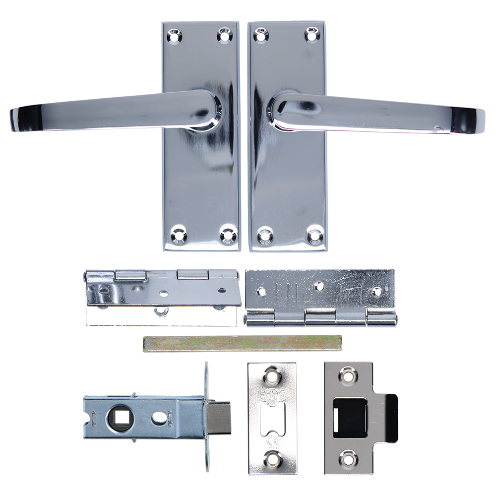 ASEC Victorian Handle Latch Pack Plated Straight Lever With Latch & Hinges Chrome Plated