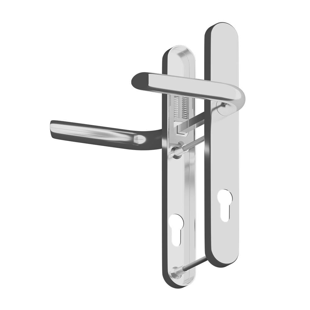 A polished chrome door handle set with a lever handle and matching backplate on a solid white background.