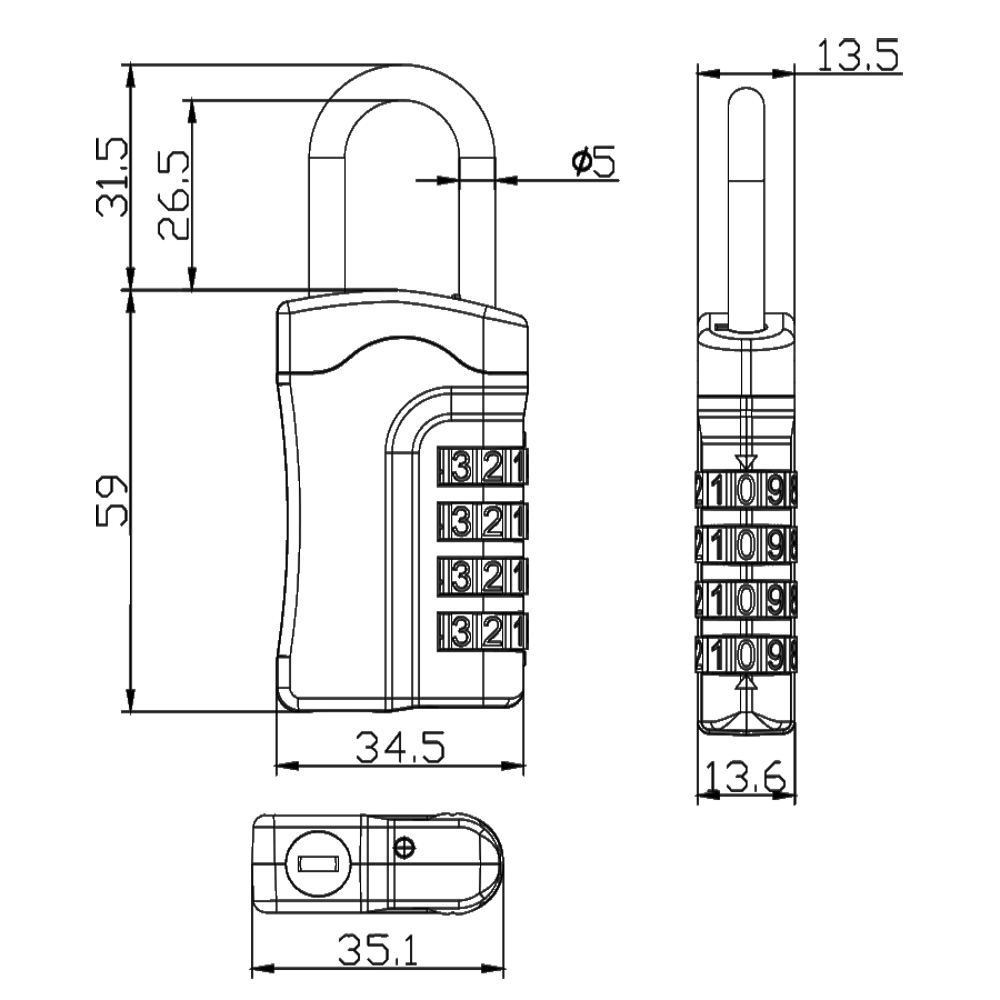 ASEC Open Shackle Recodable Combination Padlock