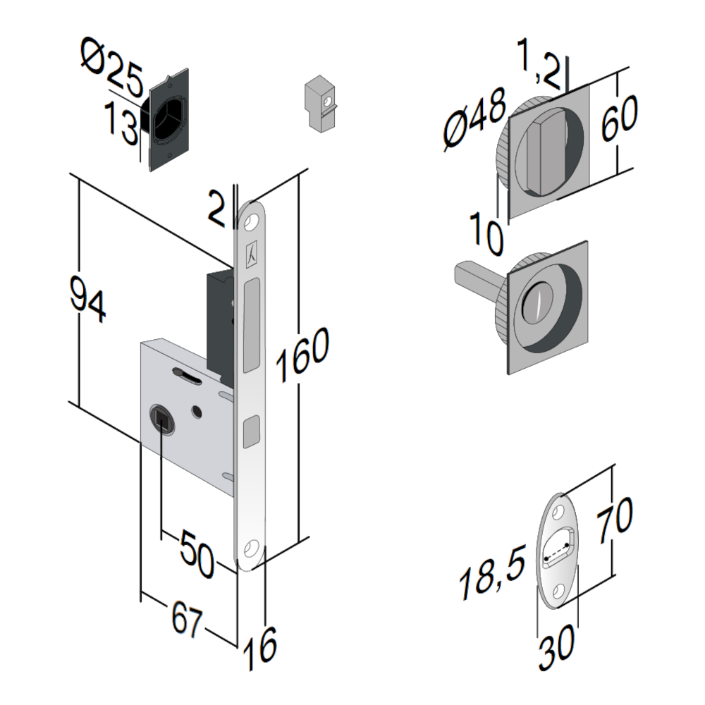 BONAITI SERRATURE Easy Kit Square With G500T To Suit WC Sliding Door