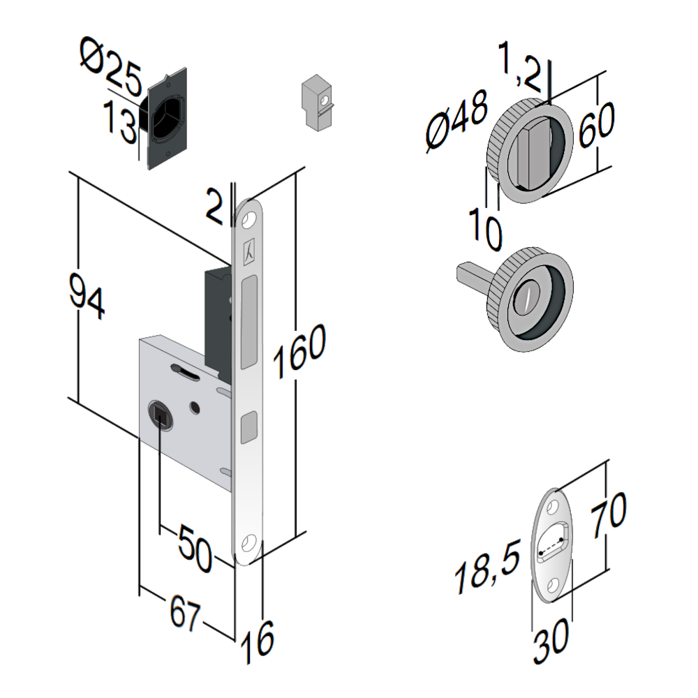 BONAITI SERRATURE Easy Kit Round With G500T To Suit WC Sliding Door