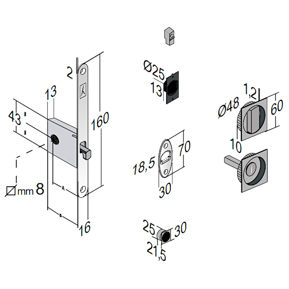 BONAITI SERRATURE Easy Kit Square With G500 To Suit WC Sliding Door