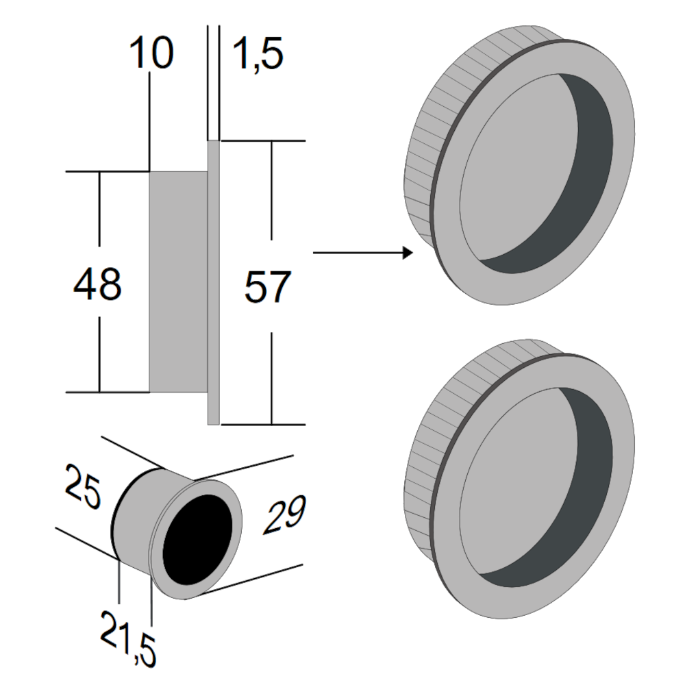 BONAITI SERRATURE Classic Sliding Door Handle Round B7D Blind Finger Pull Set