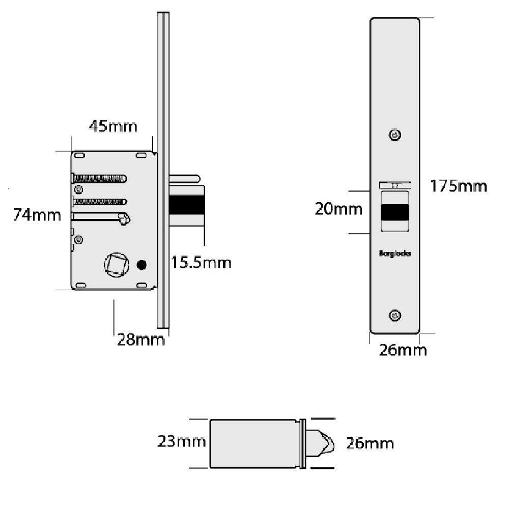 BORG LOCKS S505 AR Aluminium Latch Long Forend 28mm Backset To Suit BL5000 Series