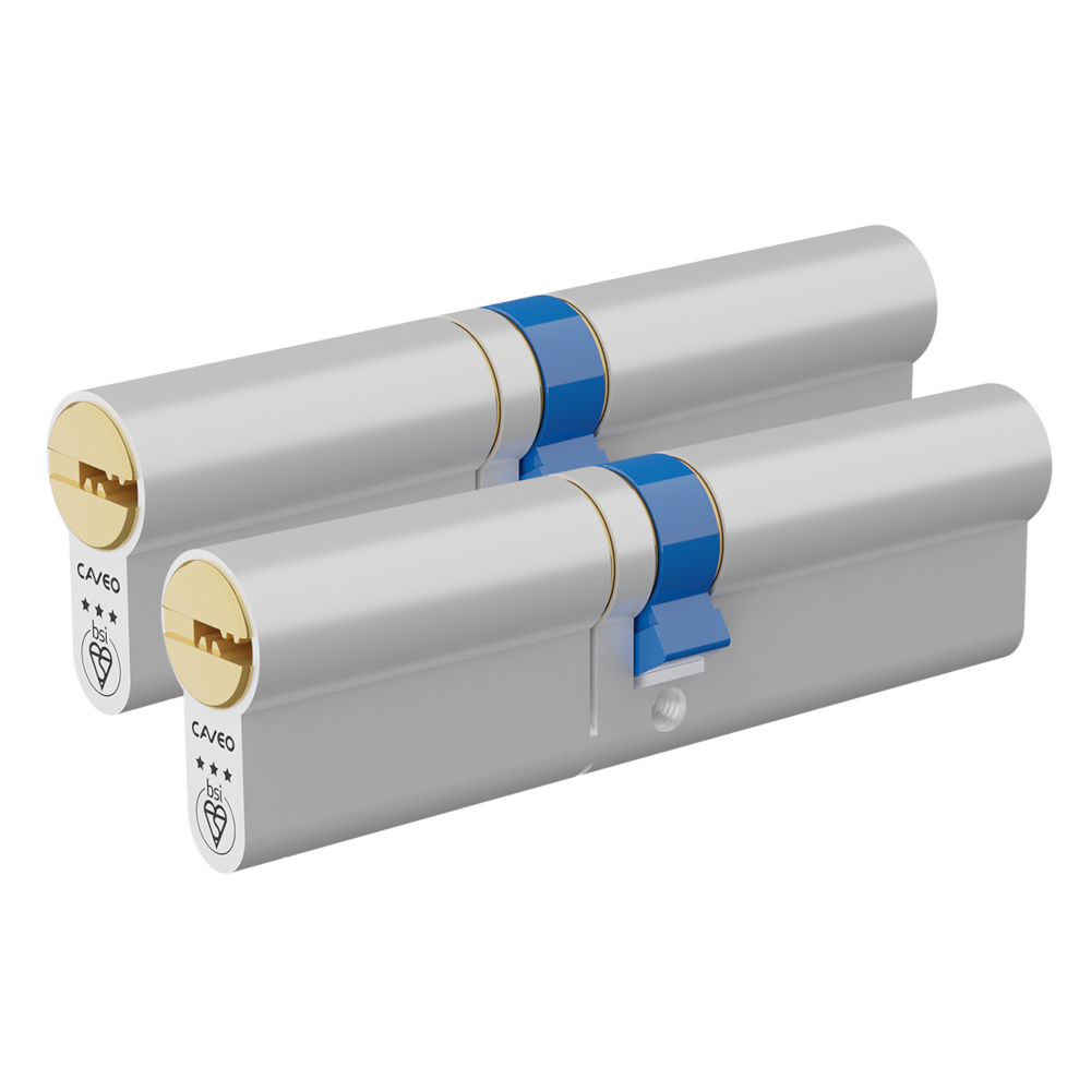 Pair of cylindrical door locks with gold and blue accents on a white background