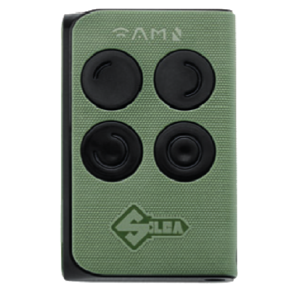 Green electronic device with four black buttons on a white background