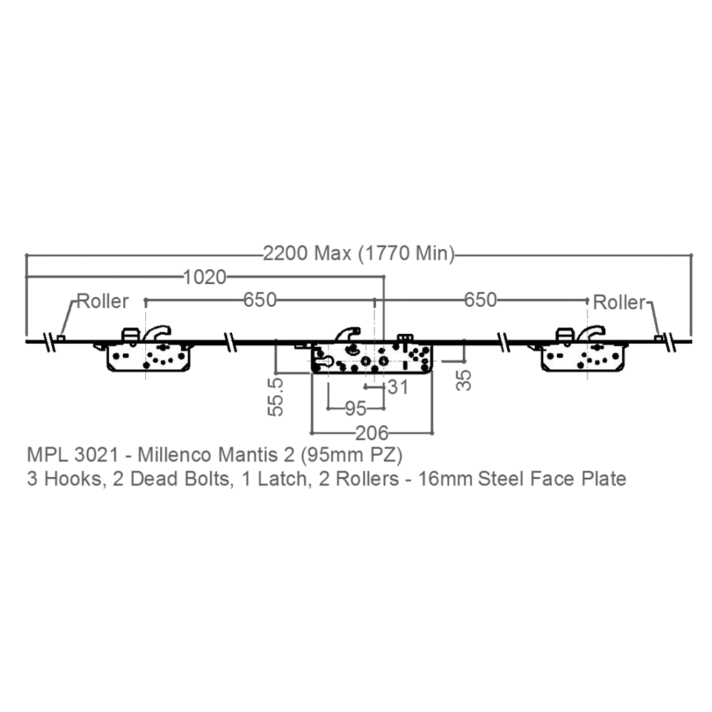 MILLENCO Mantis 2 Lever Operated Latch & Hookbolt 95/65 Twin Spindle - 2 Hook, 2 Bolt & 2 Roller