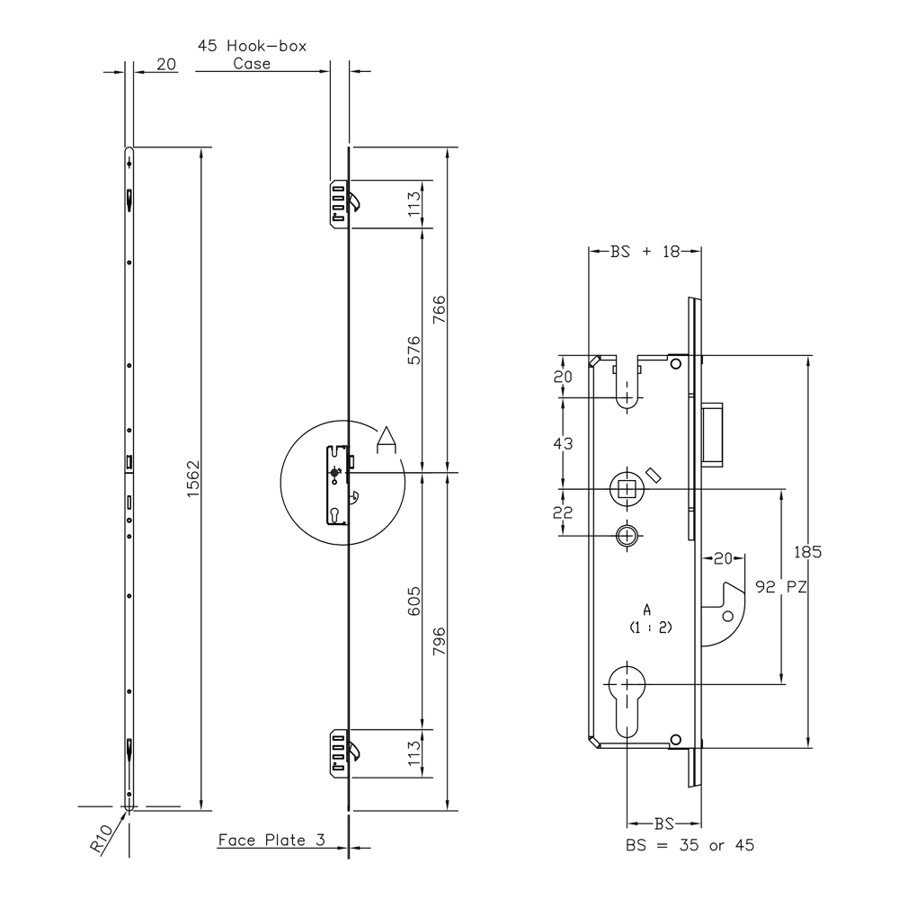 WINKHAUS Cobra Lever Operated Latch & Hookbolt 20mm Radius - 2 Hook