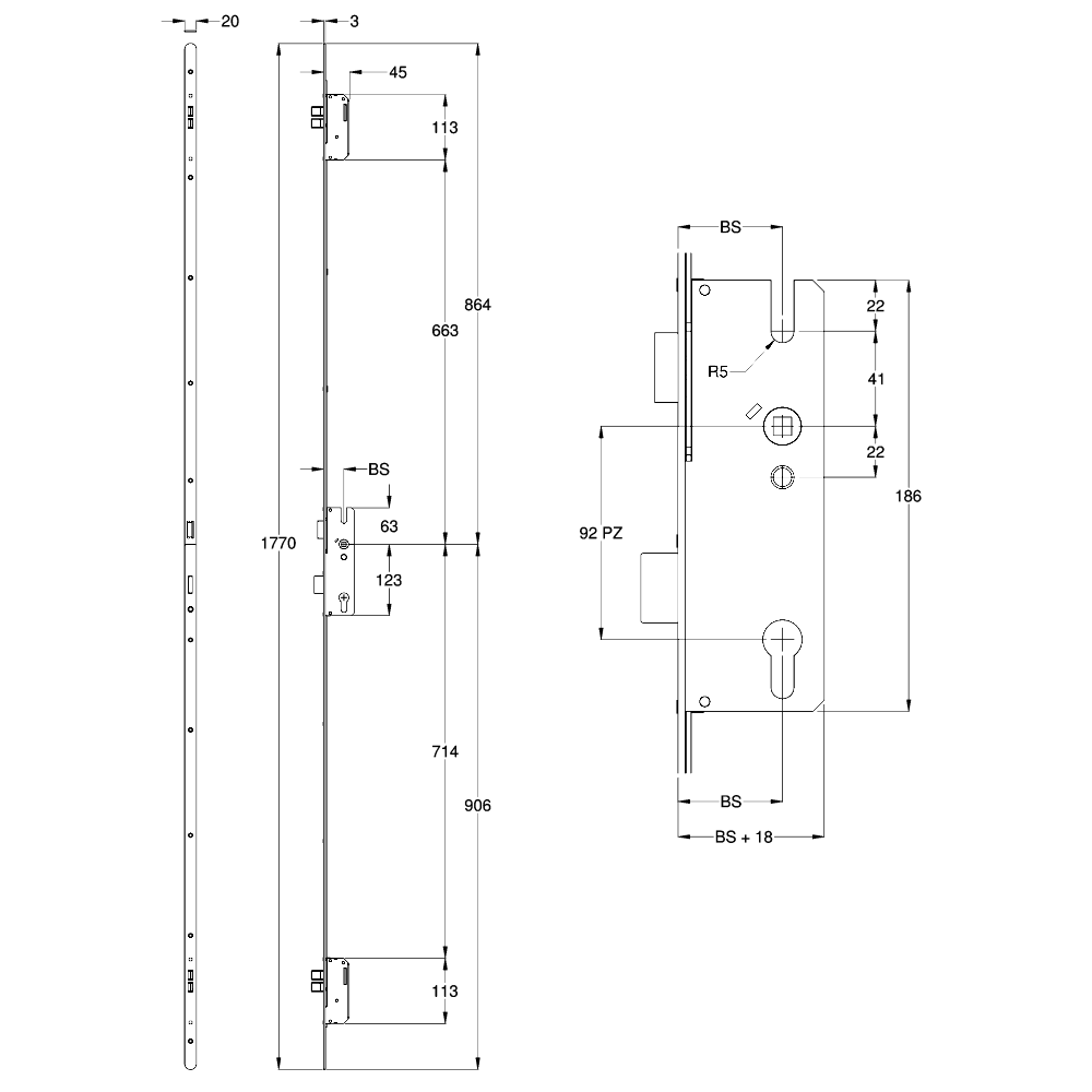 WINKHAUS Thunderbolt Single Spindle Lever Operated Latch & Deadbolt 20mm Radius 4 Dead Bolt