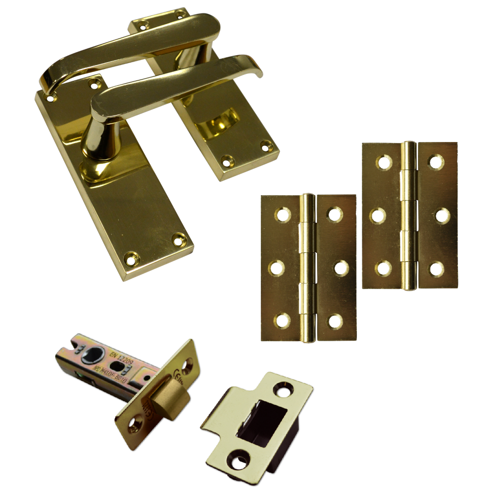 ASEC Victorian Handle Latch Pack Brass Straight Lever With Latch & Hinges Polished Brass