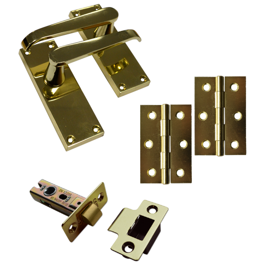 ASEC Victorian Handle Latch Pack Brass Straight Lever With Latch & Hinges Polished Brass