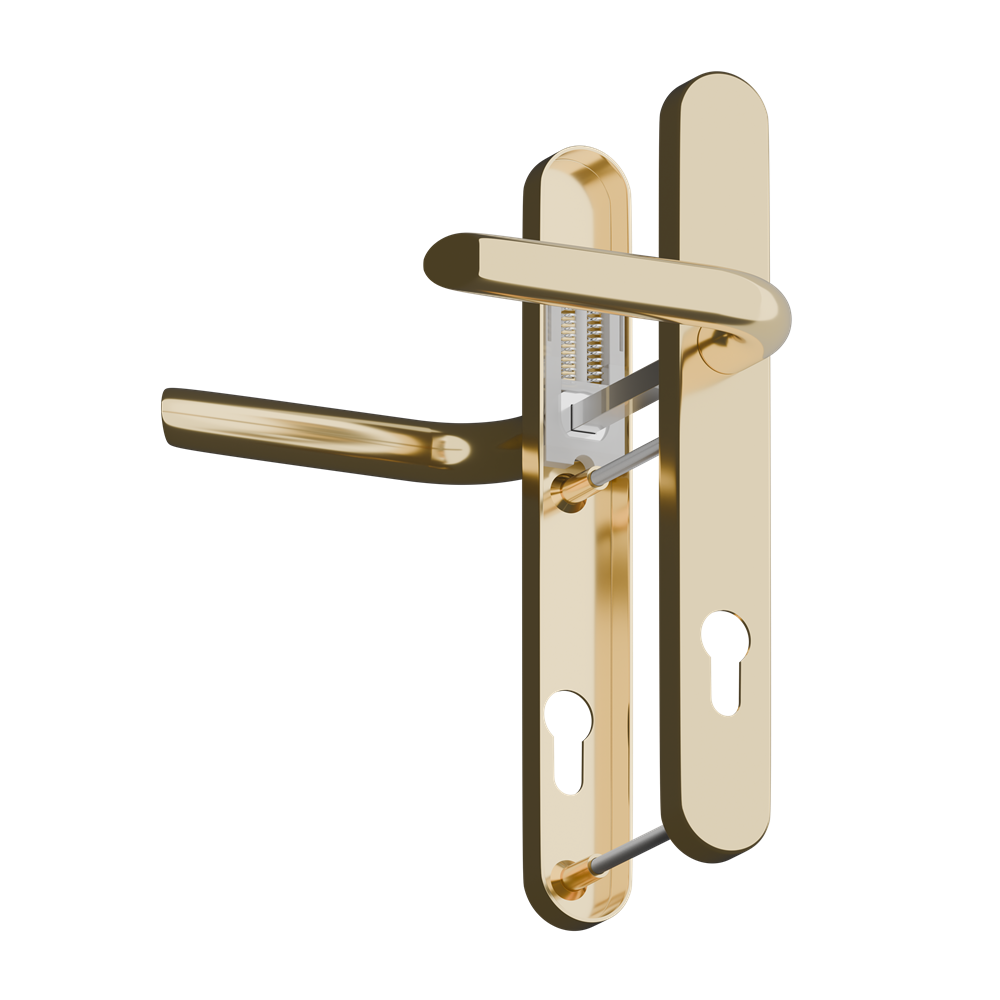 A modern door handle set in a polished brass/gold finish, featuring a lever handle, matching backplate, keyhole, and a visible lock cylinder mechanism, isolated on a white background.