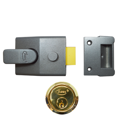 ASEC AS15 & AS19 Deadlocking Nightlatch 60mm - Dull Metal Grey Case & Polished Brass Cylinder