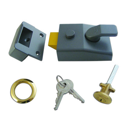 ASEC AS14 & AS18 Non-Deadlocking Nightlatch 60mm Case Cyl - Dull Metal Grey Case & Polished Brass Cylinder