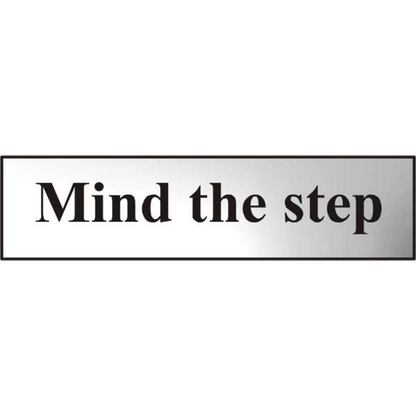 ASEC Mind The Step 200mm x 50mm Chrome Self Adhesive Sign