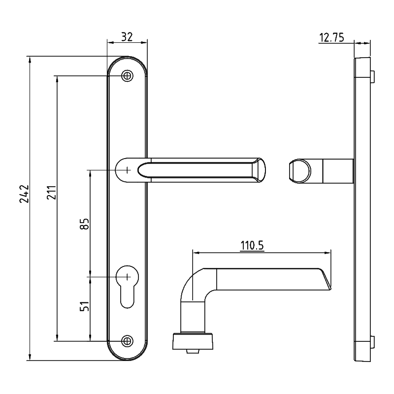 ASEC 85 Lever/Lever UPVC Furniture - 242mm Backplate