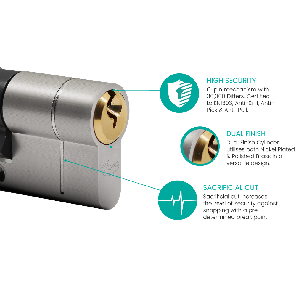 ASEC Vital 6 Pin Key & Turn Euro Dual Finish Snap Resistant Cylinder