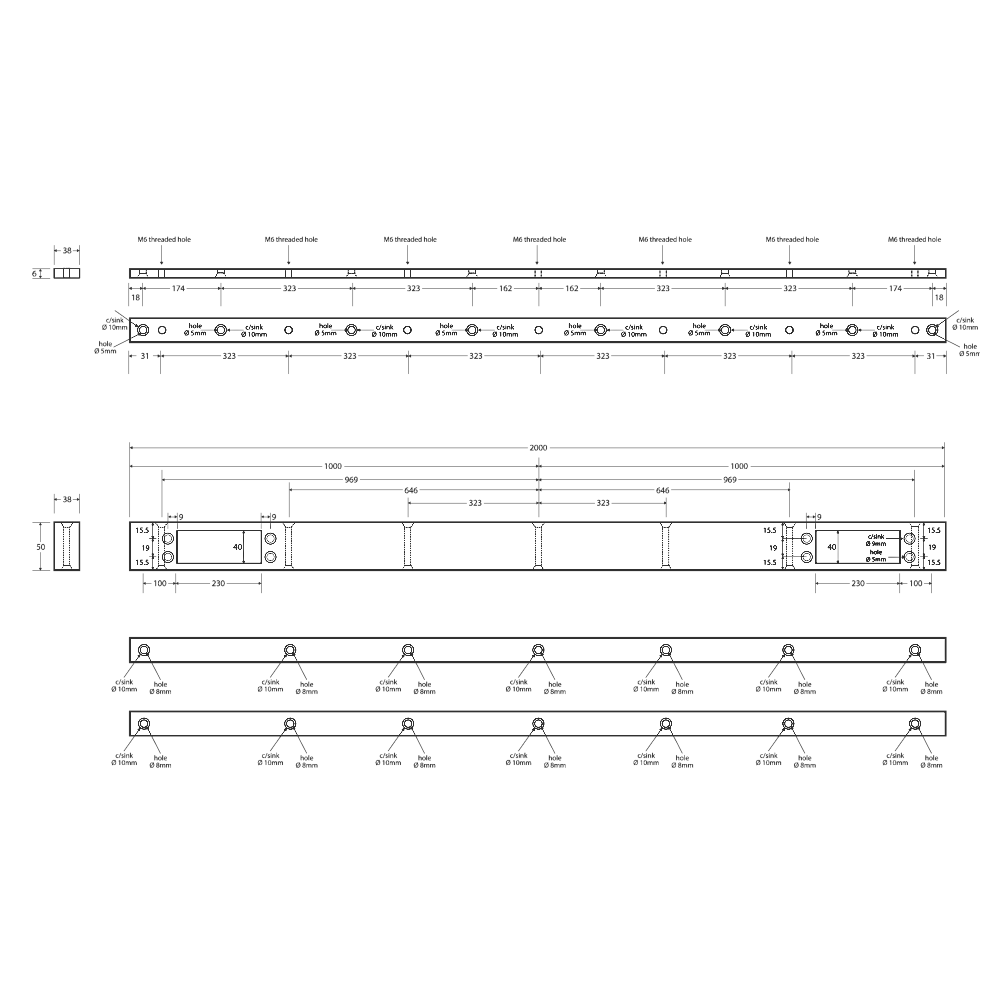 ASEC Slimline Vertical Transom Housing With Two Cut Outs - 2 metres