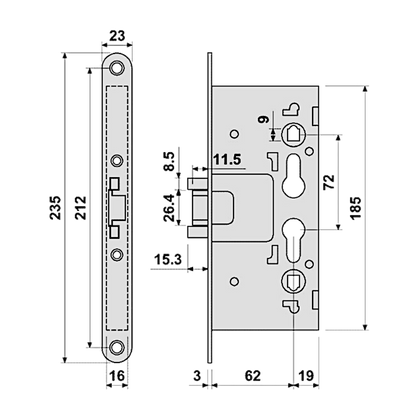 ASEC Garage Double Deadlocking Euro Latch Centre Case