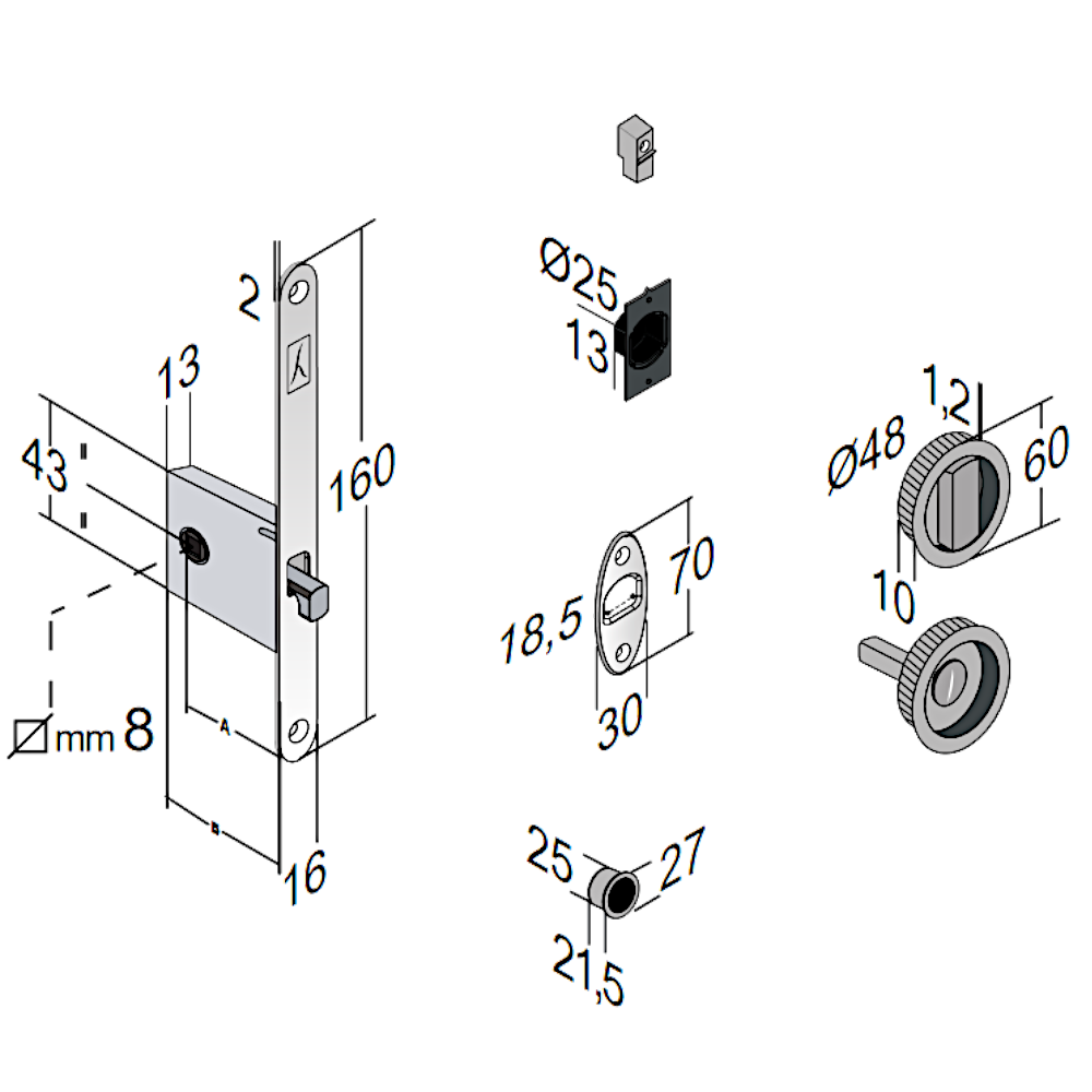 BONAITI SERRATURE Easy Kit Round With G500 To Suit WC Sliding Door