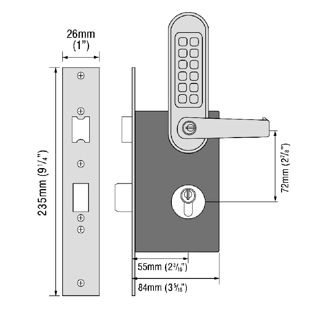 CODELOCKS CL520KEY Digital Lock With Mortice Sashlock & Key Override
