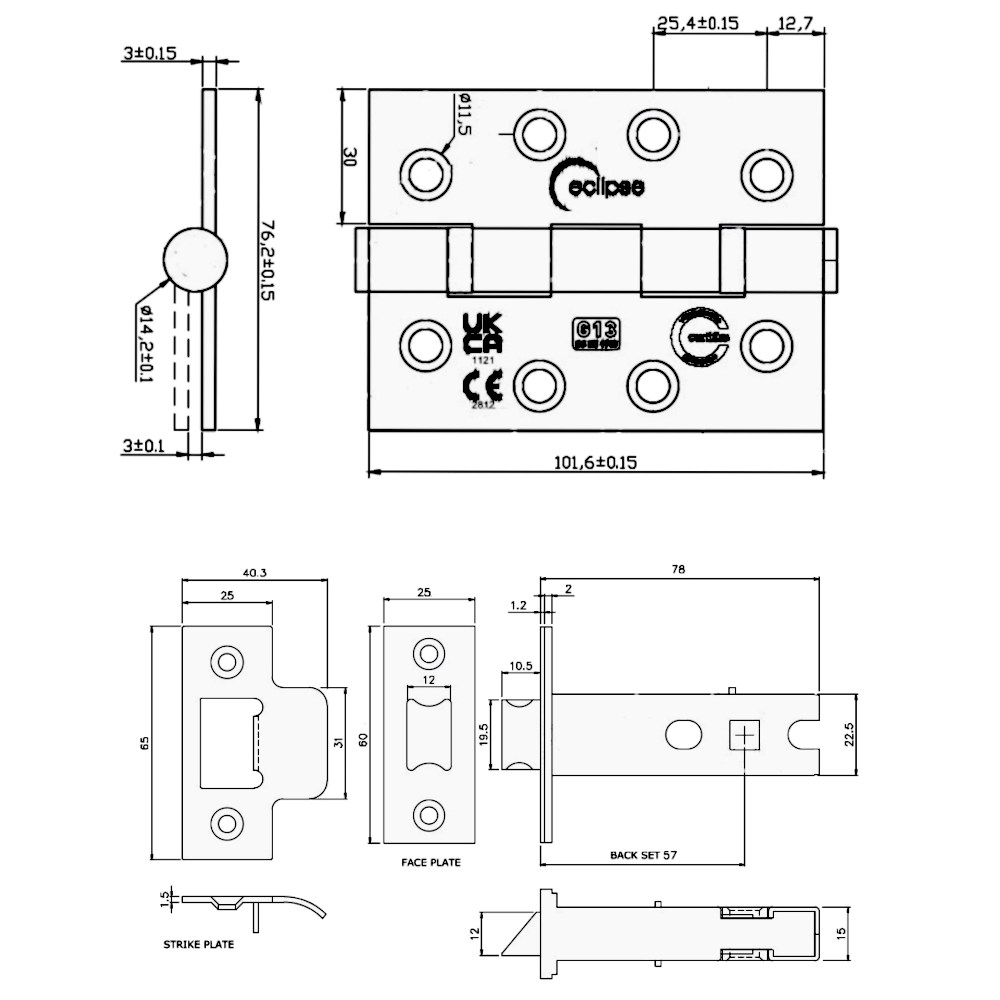 ECLIPSE Internal Fire Door Latch Pack With Hinges (Grade 13), Latch (76mm) & Intumescent