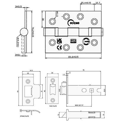 ECLIPSE Internal Fire Door Latch Pack With Hinges (Grade 13), Latch (76mm) & Intumescent