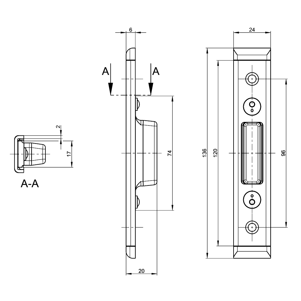 GU Deadbolt Keep U24 x 6mm With 12mm Axis To Suit Secury Panic E