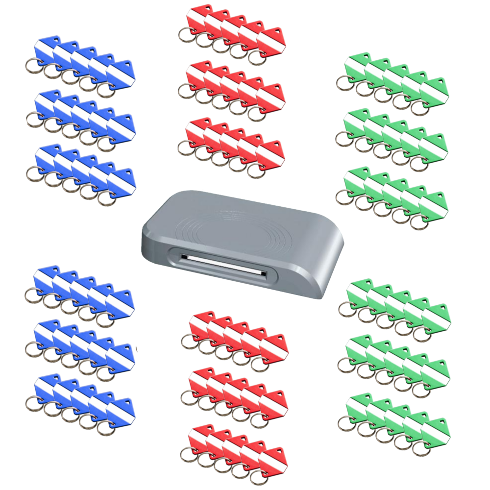 INTRATONE Mifare Electronic Key Ring Tags Red, Blue & Green (Box of 90 - 30 of Each Colour) With USB Programmer