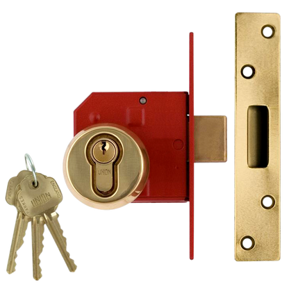 UNION 212441E Euro Deadlock 75mm Keyed To Differ - Polished Lacquered Brass