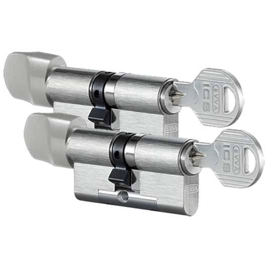 EVVA ICS Keyed Alike Pair KDZ Key & Turn Euro Cylinder 6 Keys TS007 3* 72mm 36-T36 31-10-T31 003EI - Nickel Plated