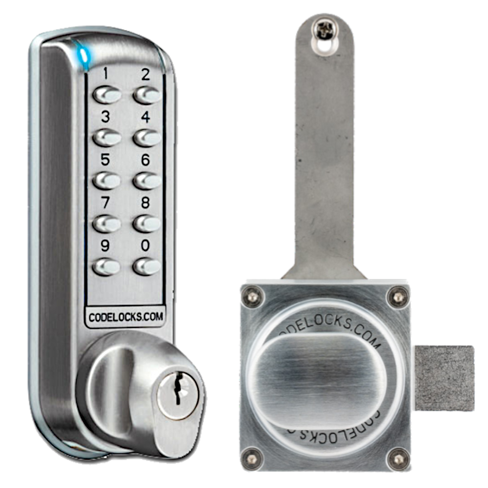 CODELOCKS CL2000 Digital Gate Lock With Surface Latch & Key Override CL2000 Surface Gate Latch KO - Brushed Steel