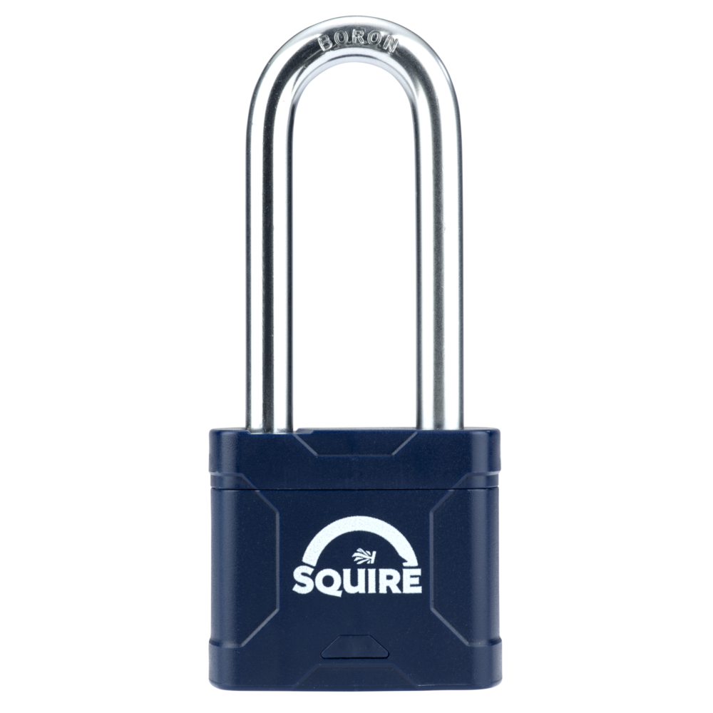 SQUIRE Stronglock Plus Laminated Padlock In Protective Casing Long Shackle 55mm Body 2.5 Shackle Keyed to Differ - Hardened Boron Steel
