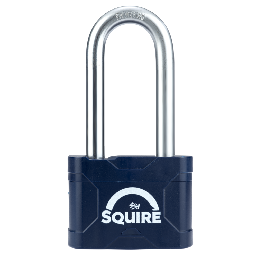 SQUIRE Stronglock Plus Laminated Padlock In Protective Casing Long Shackle 74mm Body 2.5 Shackle Keyed to Differ - Hardened Boron Steel