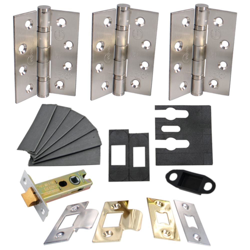 ECLIPSE Internal Fire Door Latch Pack With Hinges (Grade 13), Latch (76mm) & Intumescent Satin Stainless Steel