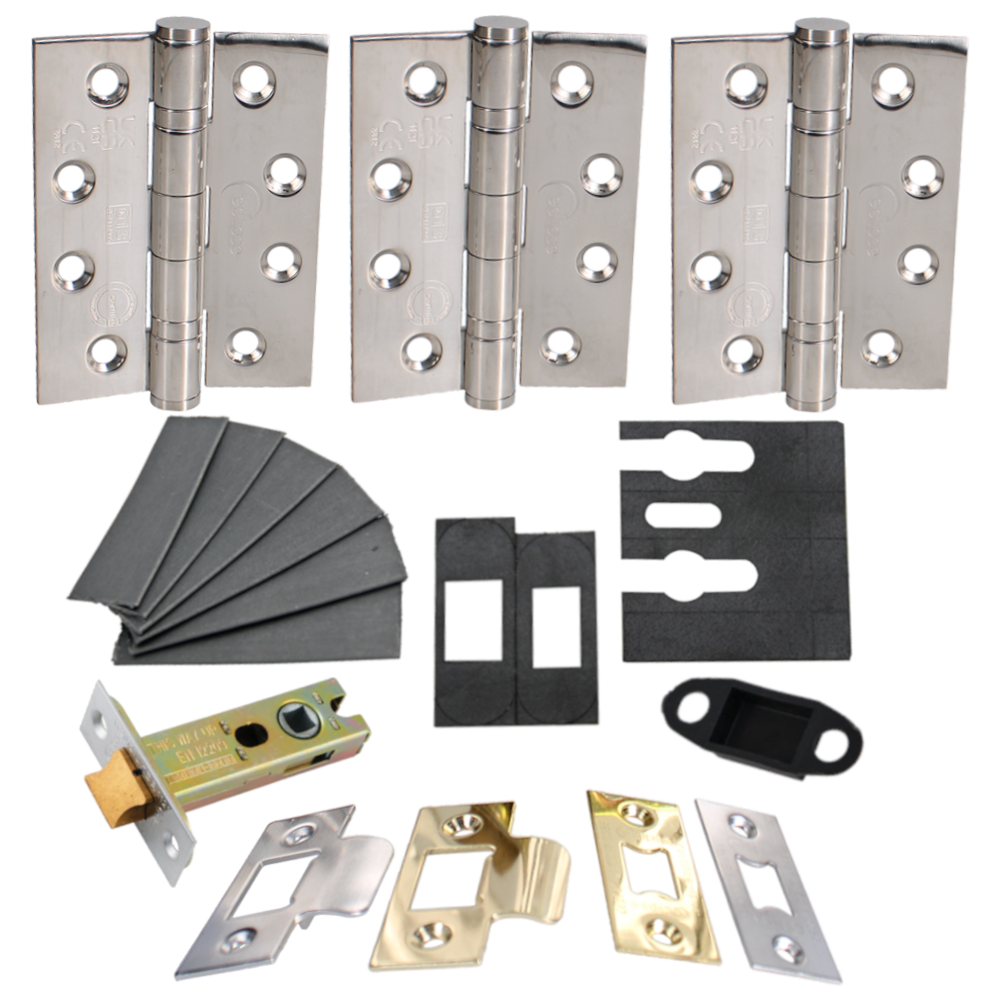 ECLIPSE Internal Fire Door Latch Pack With Hinges (Grade 13), Latch (76mm) & Intumescent Polished Stainless Steel