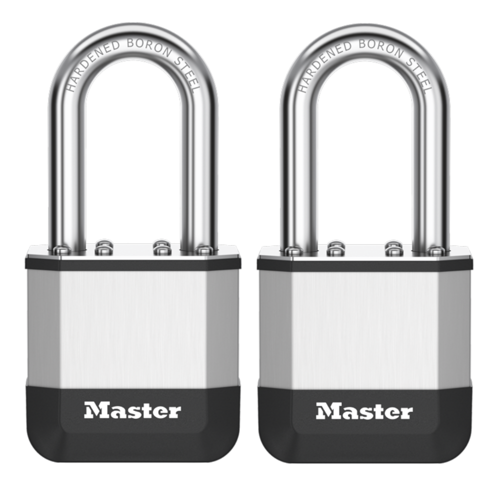 MASTER LOCK Elite Laminated Padlock Long Shackle 44mm Keyed Alike Twin Pack 38mm LS - Silver