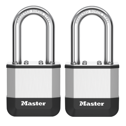 MASTER LOCK Elite Laminated Padlock Long Shackle 44mm Keyed Alike Twin Pack 38mm LS - Silver
