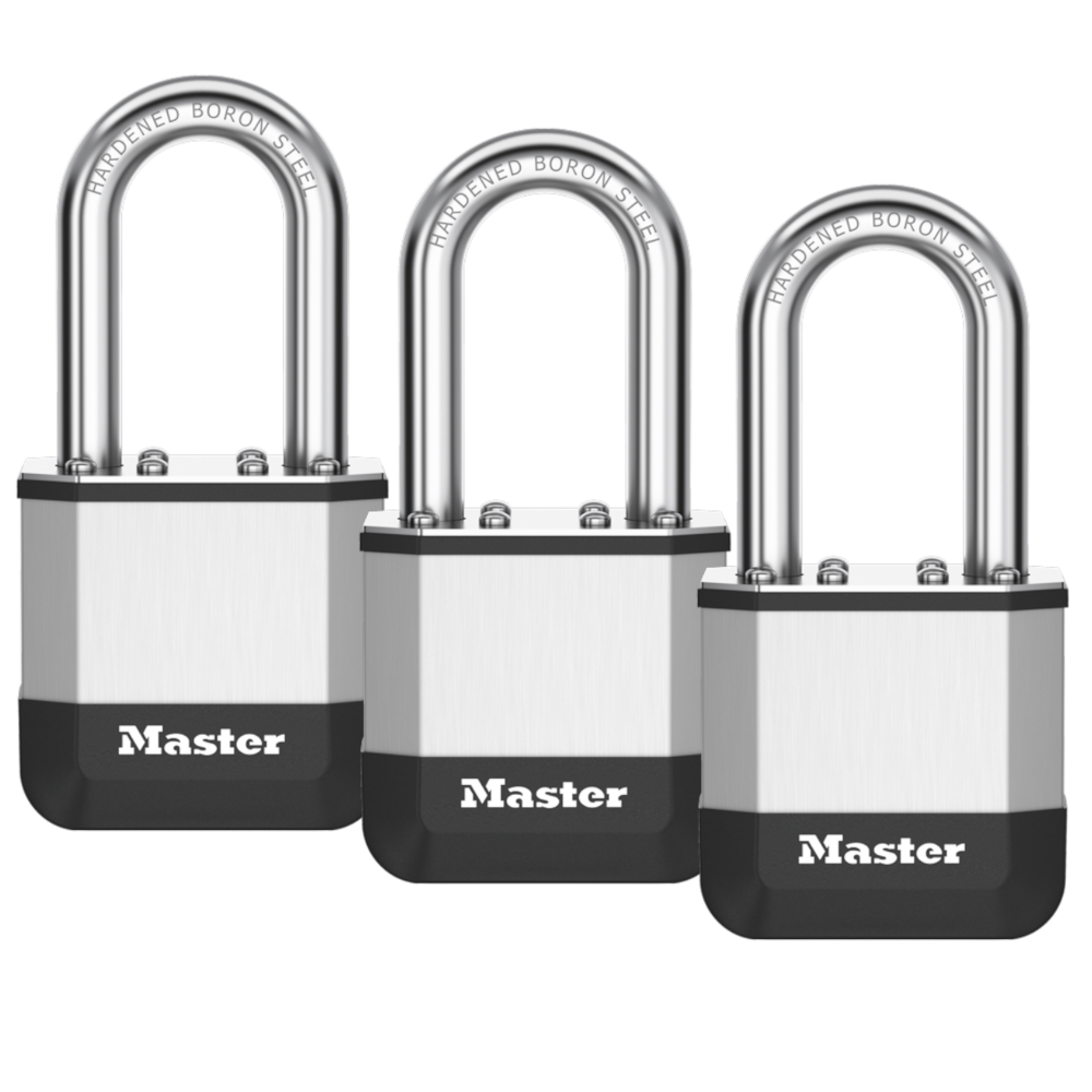 MASTER LOCK Elite Laminated Padlock Long Shackle 44mm Keyed Alike Triple Pack 38mm LS - Silver