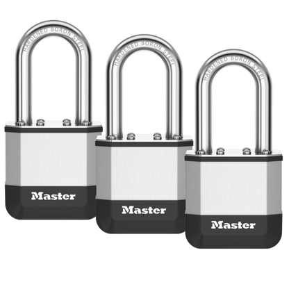 MASTER LOCK Elite Laminated Padlock Long Shackle 44mm Keyed Alike Triple Pack 38mm LS - Silver