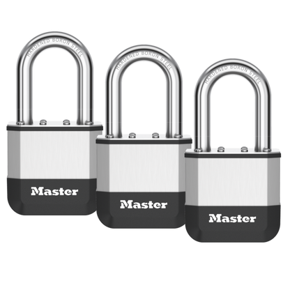MASTER LOCK Elite Laminated Padlock Long Shackle 51mm Keyed Alike Triple Pack 38mm LS - Silver