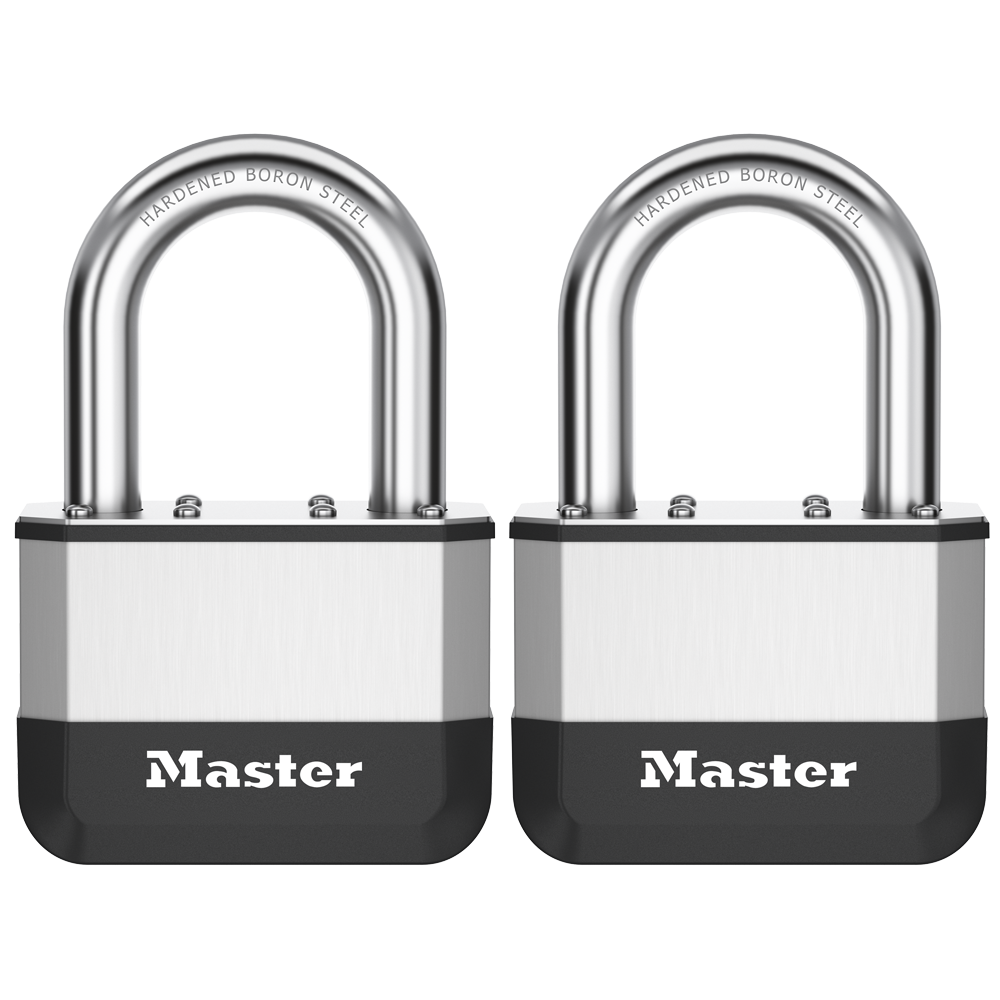 MASTER LOCK Elite Laminated Padlock Long Shackle 67mm Keyed Alike Twin Pack 38mm LS - Silver