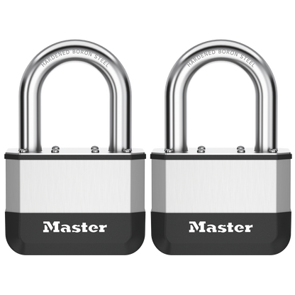 MASTER LOCK Elite Laminated Padlock Long Shackle 67mm Keyed Alike Twin Pack 38mm LS - Silver