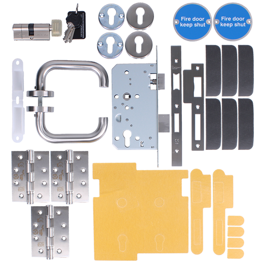 FIREMONGERY Fire Rated Door Pack Commercial DIN Sashlock Cylinder & Turn CFP1 FD30 Square - Satin Stainless Steel