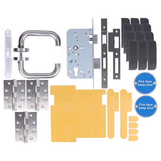 FIREMONGERY Fire Rated Door Pack Commercial DIN Latch Set CFP2 FD30/FD60 Square - Satin Stainless Steel