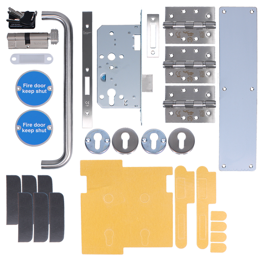 FIREMONGERY Fire Rated Door Pack Commercial DIN Deadlock Push/Pull Cylinder & Turn CFP4 FD30 Square - Satin Stainless Steel