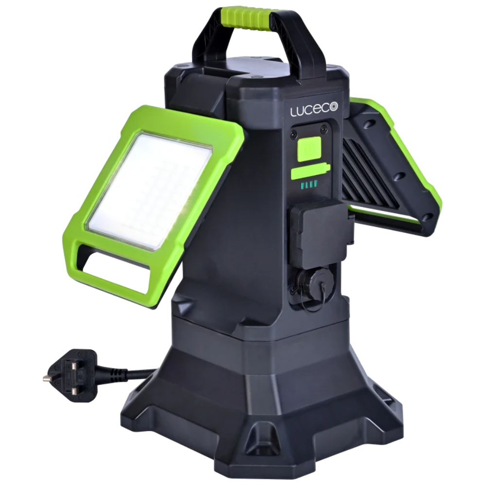 LUCECO 30W 3500 Lumen Twin-Head Hybrid LED Work Light With 18V-20V Battery Adaptors & 240V Power 3500 Lumen - Black & Green