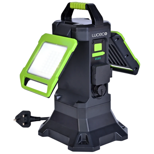 LUCECO 30W 3500 Lumen Twin-Head Hybrid LED Work Light With 18V-20V Battery Adaptors & 240V Power 3500 Lumen - Black & Green
