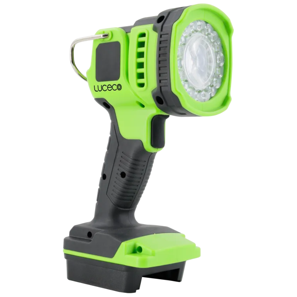 LUCECO 18W 2000 Lumen 18V-20V Battery Powered LED Tilt Spotlight With Adaptors 2000 Lumen - Black & Green
